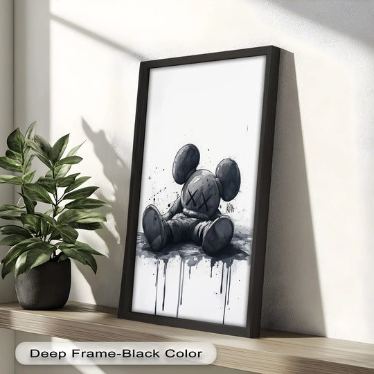 Melancholy modern oil painting art evokes a still, contemplative mood through the monochrome tones and slumped KAWS figure in this fine art print.