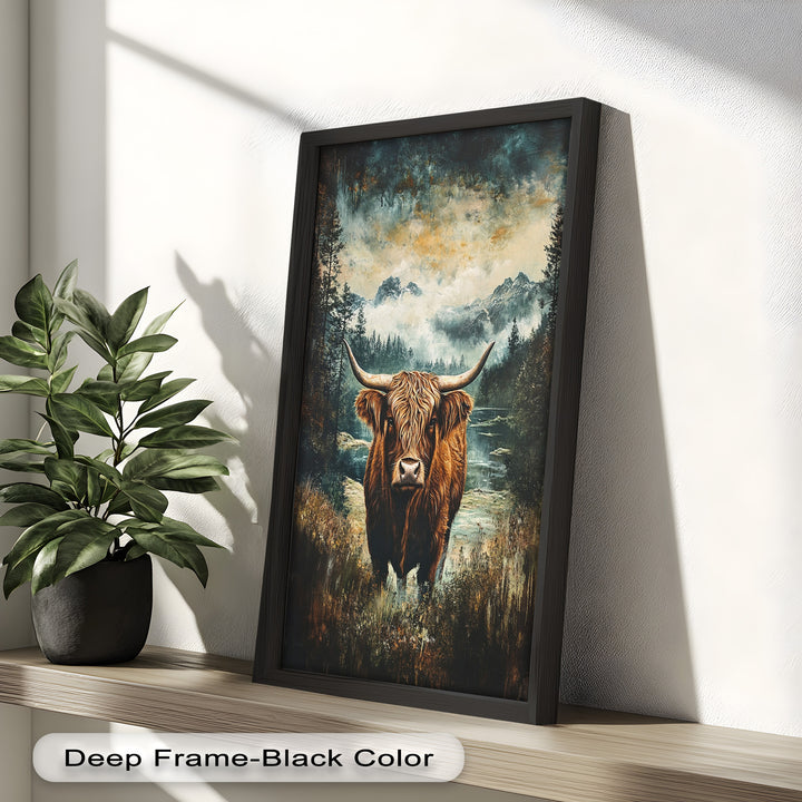 Highland Cow in Misty Pines – Wilderness Oil Painting