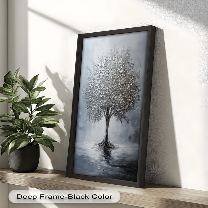 Silver Stillness – Tree in Monochrome Abstract Oil Painting