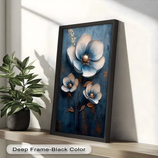 Visual rhythm is achieved with the repeating gold and blue flower blooms in this modern oil painting art piece, creating a captivating, balanced floral composition.