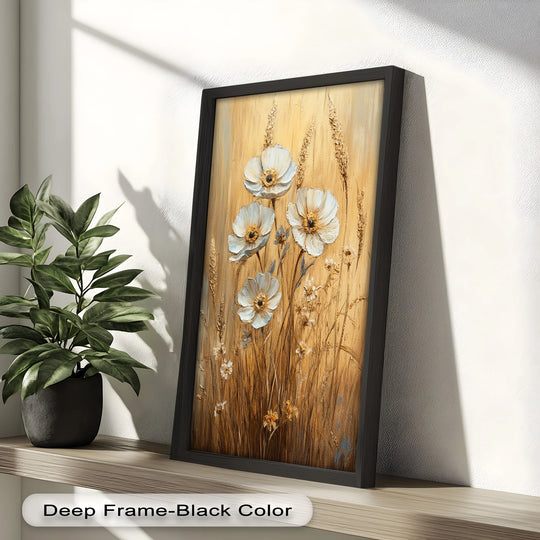 Textured background of golden wheat complements the white wildflowers in this oil painting art piece, creating a warm and rustic floral artwork.