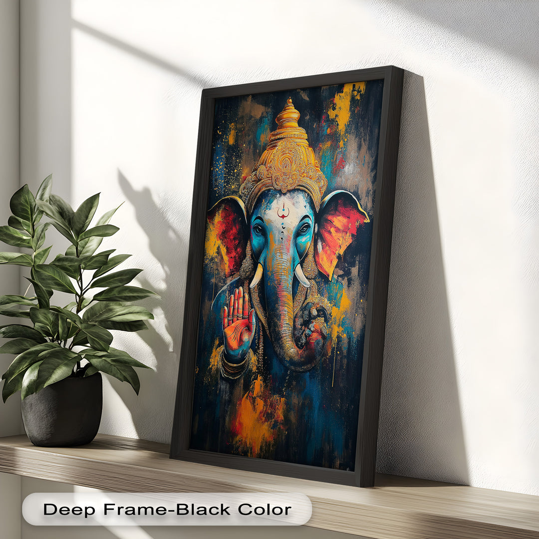 A divine portrait of Lord Ganesha, rich in symbolism and color, with radiant textures that blend tradition and contemporary art.