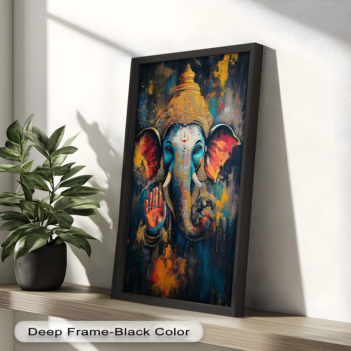 A divine portrait of Lord Ganesha, rich in symbolism and color, with radiant textures that blend tradition and contemporary art.