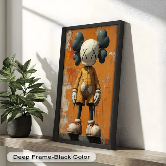 Warm hues radiate from this captivating oil painting reproduction print, featuring a stylized KAWS Companion figure against a vibrant orange backdrop.