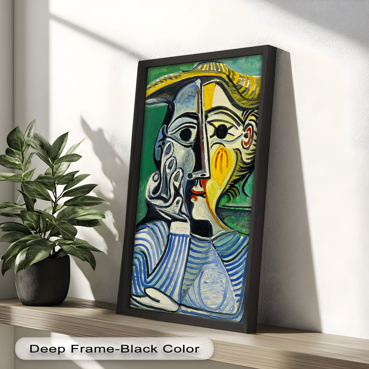 Nachdenklicher Blick – Gestreifte Frau mit Sonnenhut Picasso Ölgemälde