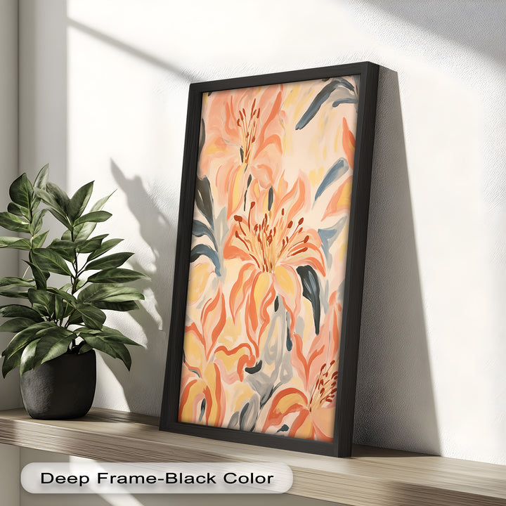 Sunlit Lilies – Abstract Coral Flower Oil Painting