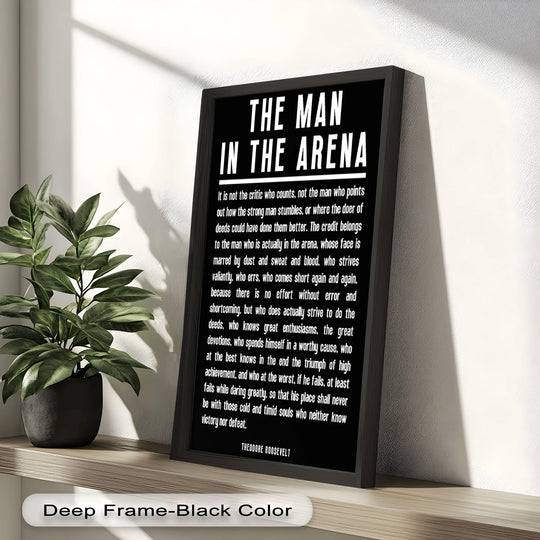 Illuminated by light, this typography-focused oil painting artwork displays Roosevelt's 'The Man in the Arena' quote in bold, crisp text, offering a striking, inspirational focus.