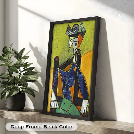 Focal point is a striking Picasso-style cubist oil painting art prints, 'Woman in a Spiral Hat,' with bold colors and abstract geometry that capture the eye.