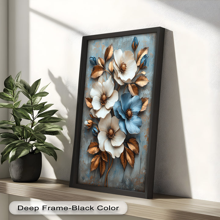Gilded Petals – Luxuriöses Ölgemälde mit weißen und blauen Blumen