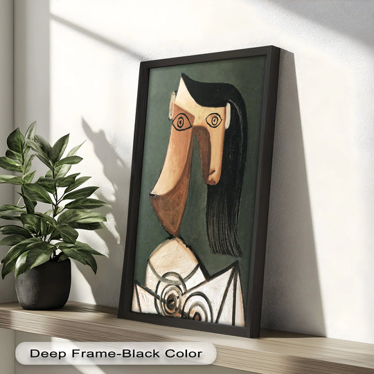 Framed with a deep, black finish, this serene abstraction of a cubist female portrait provides an artistic piece of oil painting home decor.