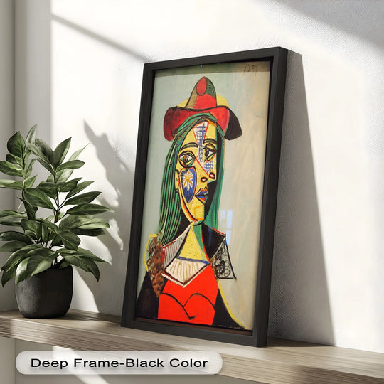 Vertically oriented and rectangular, this oil painting reproduction print showcases a cubist portrait of a woman in a red hat.