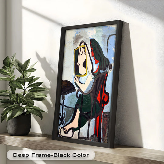 The realistic detail showcases a framed Cubist oil painting wall art, 'Reflections in the Frame,' rendered in rich, textured brushstrokes, capturing Picasso's portrait style.