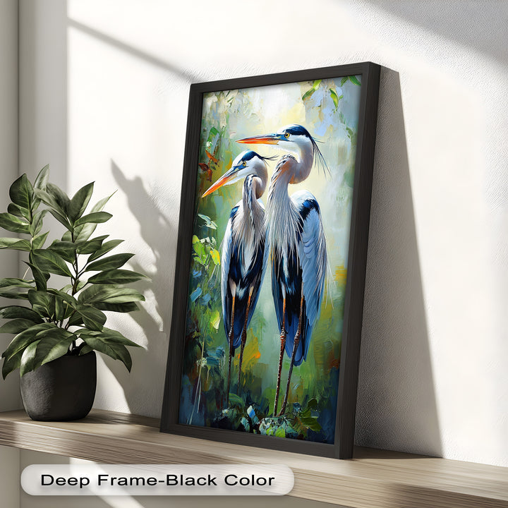 Pair of Herons in Forest Light – Animal Oil Painting