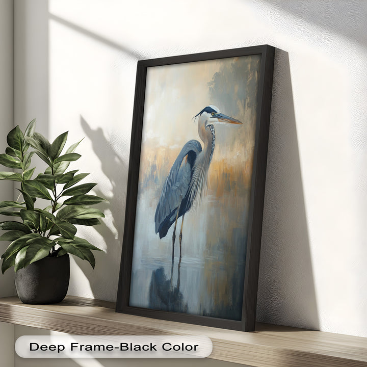 Heron in Misty Marshland - Framed Oil Painting