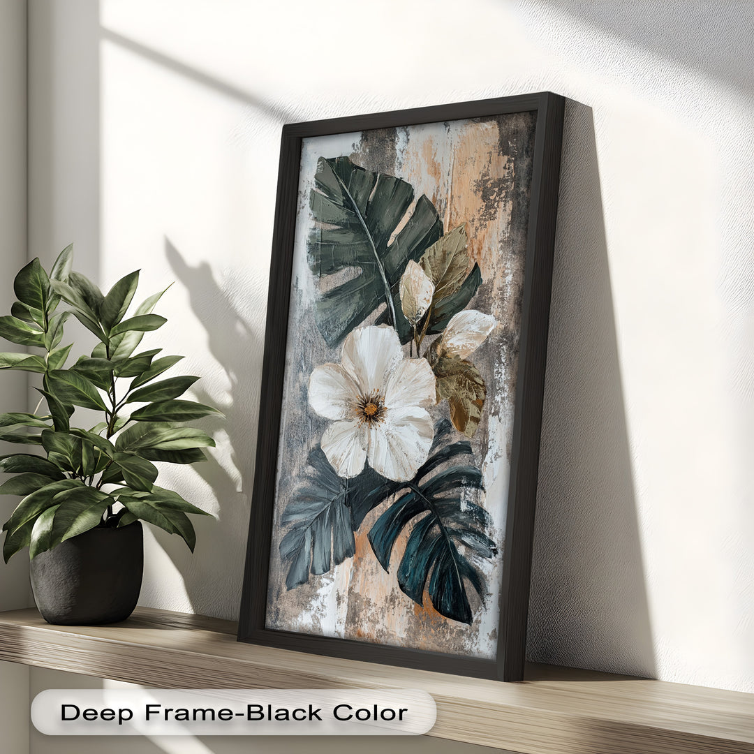 White Bloom and Tropical Leaves - Flower Oil Painting