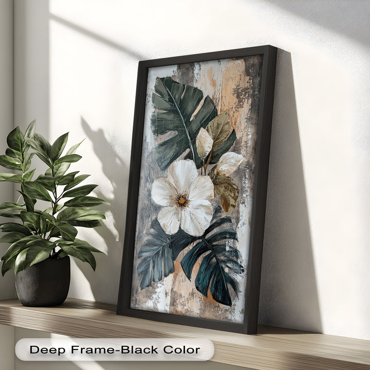 White Bloom and Tropical Leaves - Flower Oil Painting