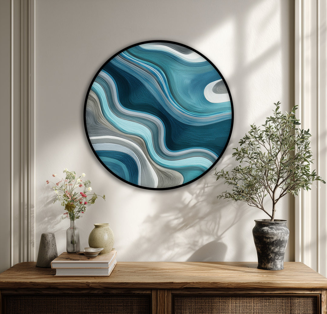 Fluid Teal Waves Round Canvas Print – Modern Abstract Wall Art
