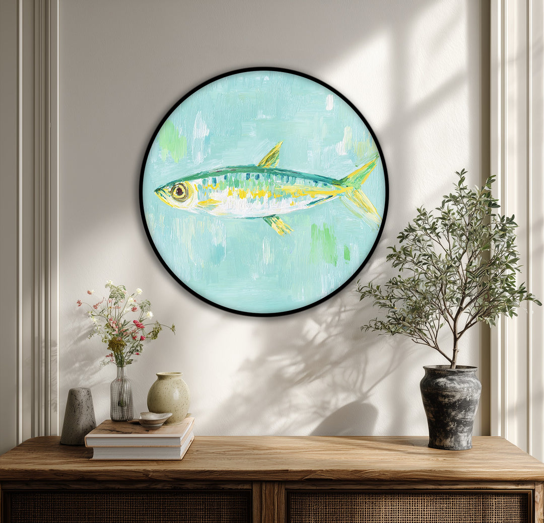 Pastel Fish Painting Round Canvas Print – Coastal Minimal Wall Art