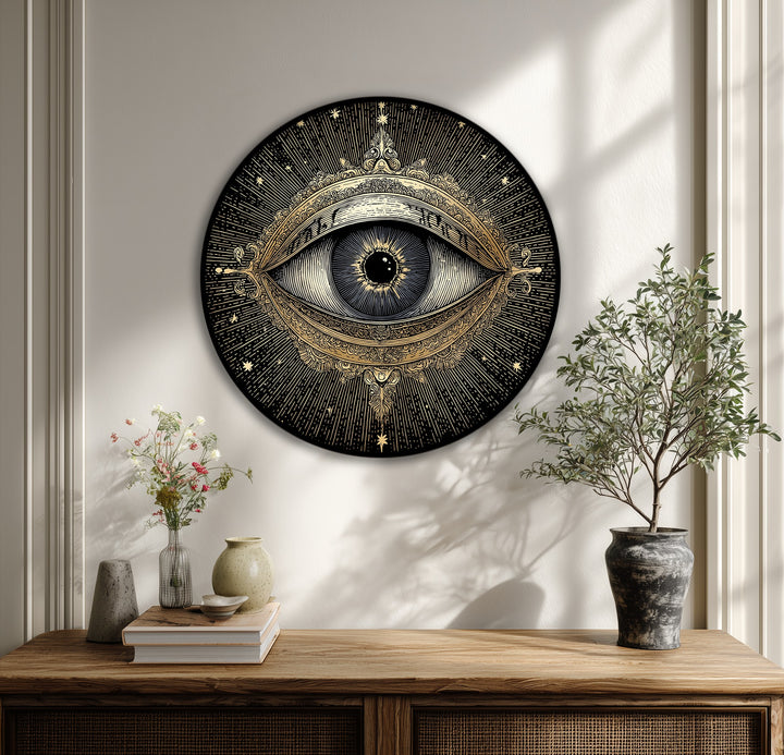 Rays of light seem to emanate outwards, giving the vintage celestial golden mystic eye round canvas artwork a dynamic sense of movement.