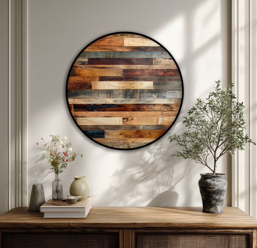 Rustic Wood Panel Texture Round Canvas Print – Natural Wooden Wall Art