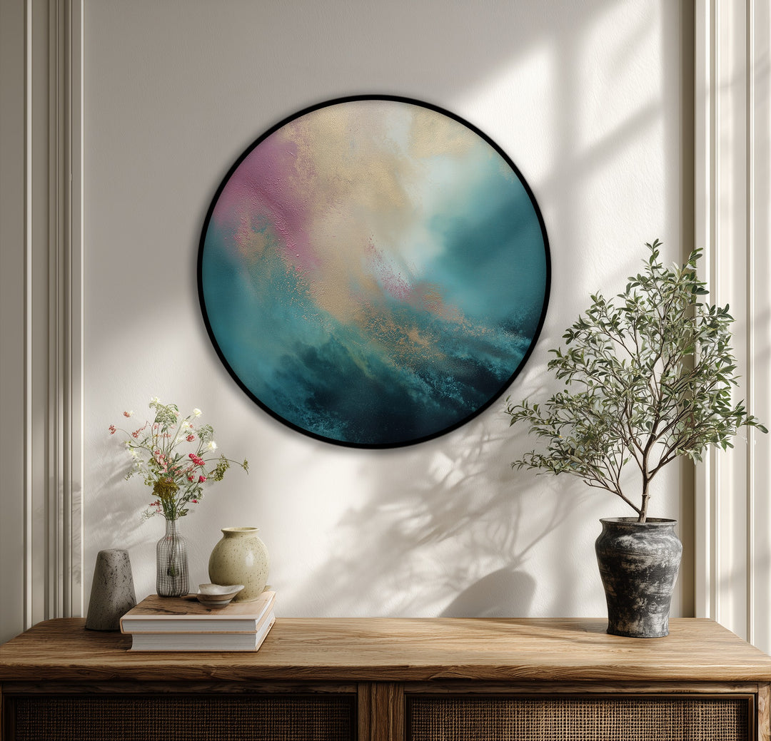 Displayed is the ethereal dreamscape, a round canvas print showcasing abstract teal and gold artwork that enhances any living space as one of the beautiful canvas pictures.
