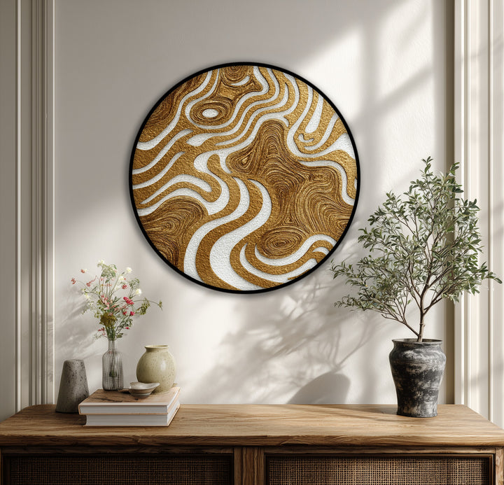 Transitional hues define this golden organic flow round canvas print, a premium canvas decor piece, where textured abstract elements shift between gold and white.
