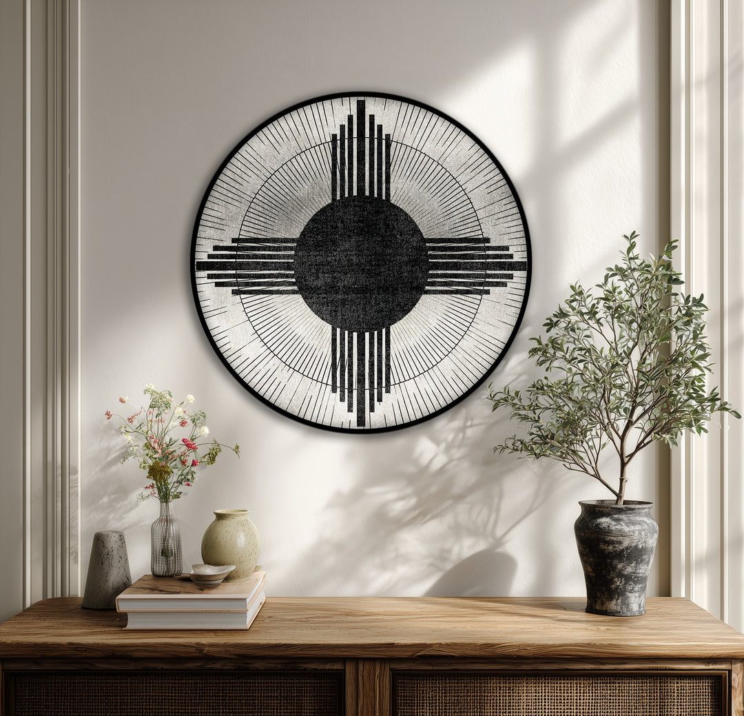 Toile abstraite moderne géométrique à motif de soleil circulaire–Art mural minimaliste