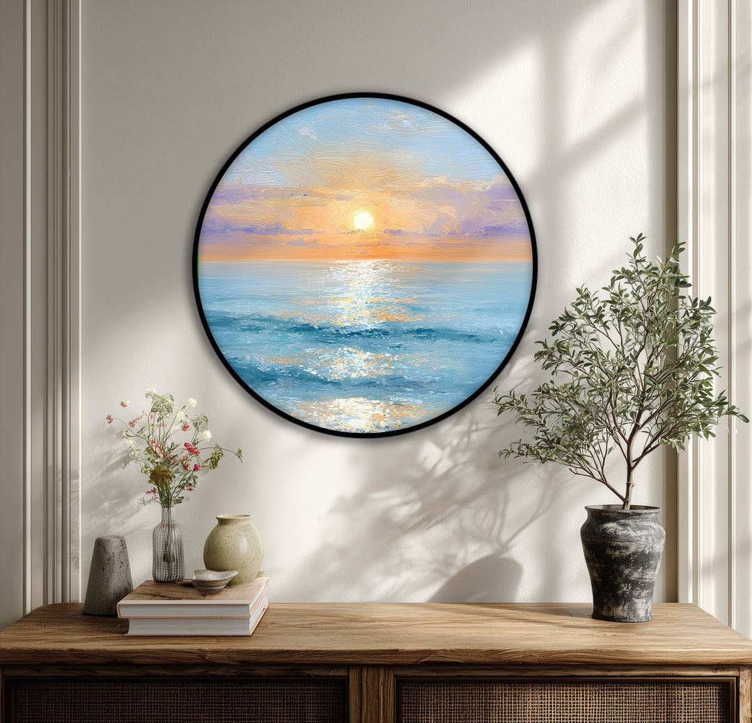 Encircling a serene coastal sunrise, the black edge defines the canvas wall art, enhancing the round canvas print's seaside composition as a piece of canvas wall art.