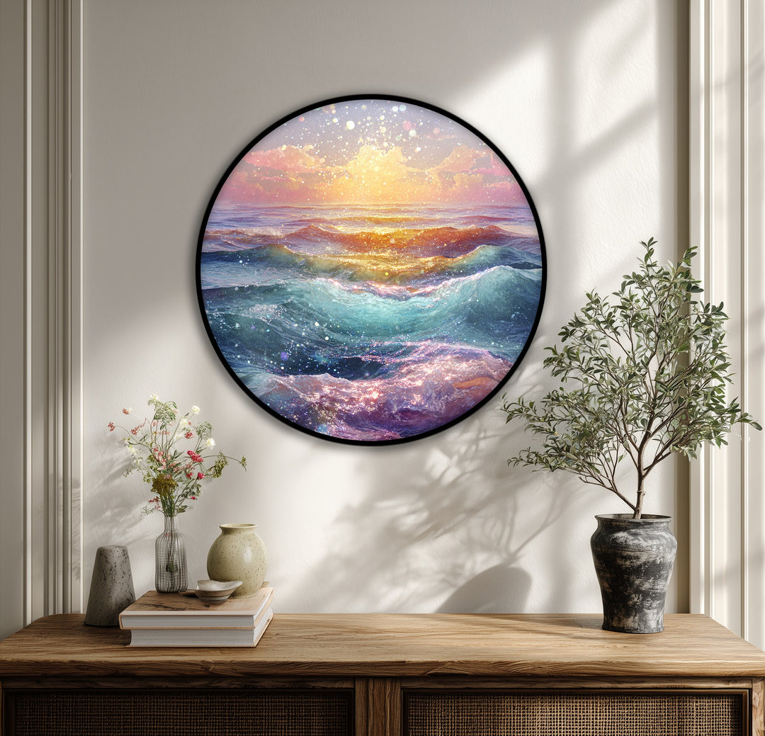 Layered swells in the golden dream waves round canvas print showcase a mesmerizing ocean sunset with high quality canvas prints, creating a radiant and dreamy wall art.