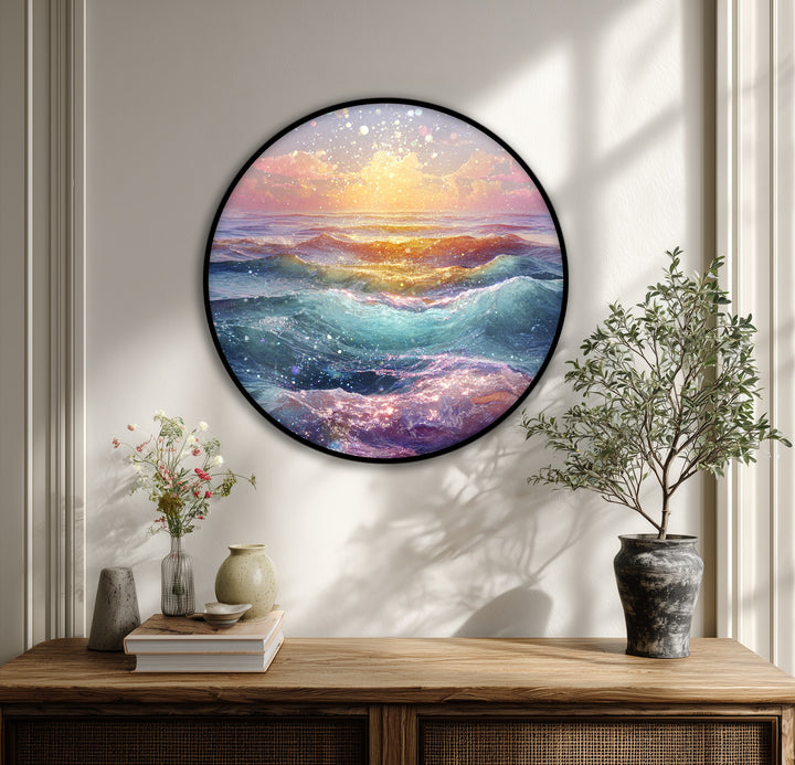 Layered swells in the golden dream waves round canvas print showcase a mesmerizing ocean sunset with high quality canvas prints, creating a radiant and dreamy wall art.