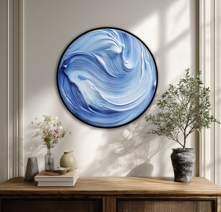 With a smooth, gallery-worthy finish, the ocean flow blue abstract round canvas print makes for beautiful hanging canvas wave wall art.