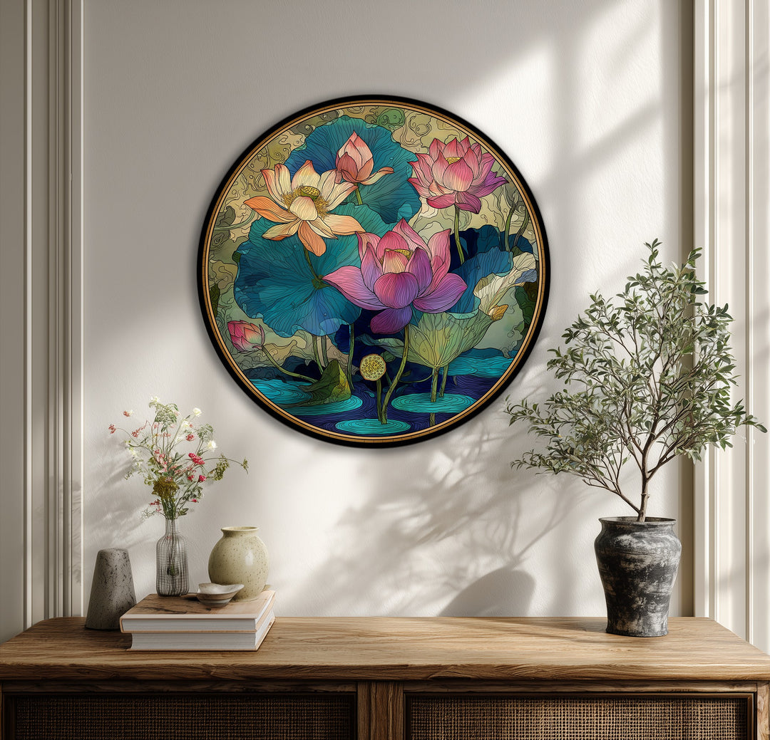 Ornamental Lotus Garden Round Canvas Print – Decorative Floral Wall Art