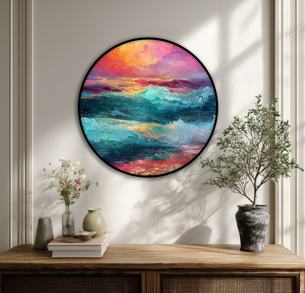 Light and shadow play across the vivid sunset waves of this round canvas art prints, creating depth and highlighting the colorful ocean wall art on the wooden cabinet.