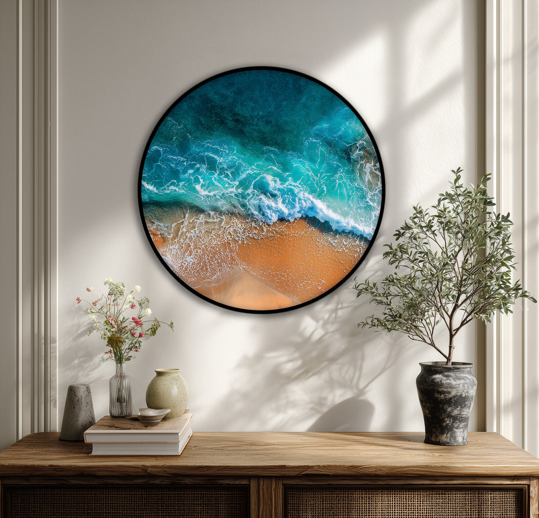 Aerial Beach Waves Round Canvas Print – Turquoise Ocean Wall Art