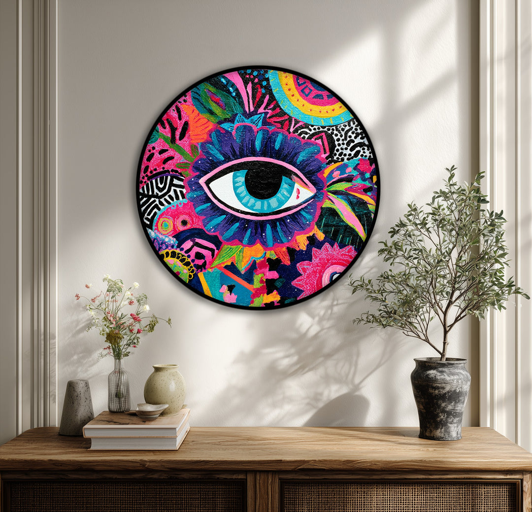 Textured surface highlights the bold, abstract details of the colorful eye pop art round canvas wall decor, enhancing its handcrafted feel.