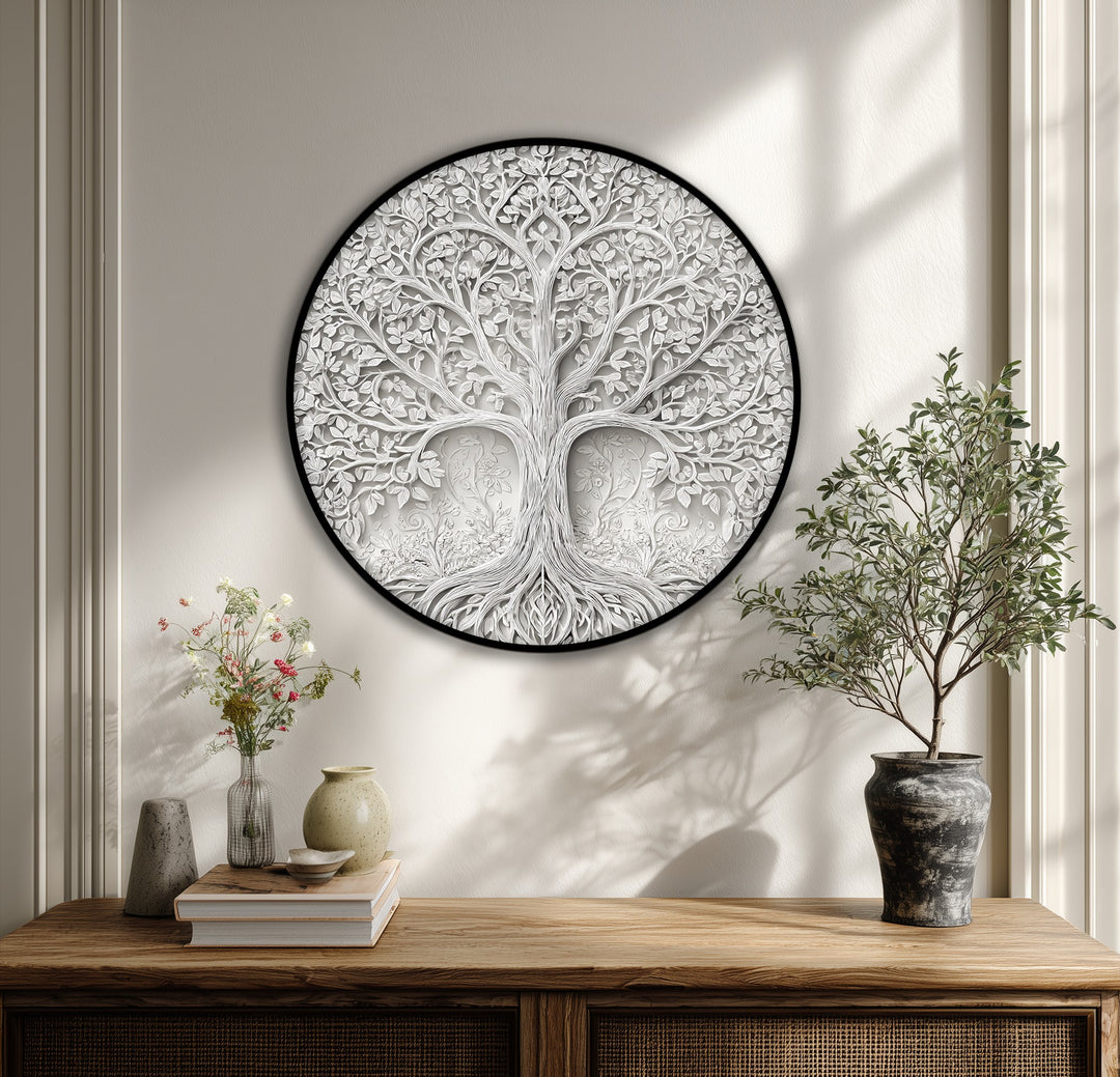 Elegante stampa su tela rotonda con rilievo dell'Albero della Vita - Arte botanica da parete bianca