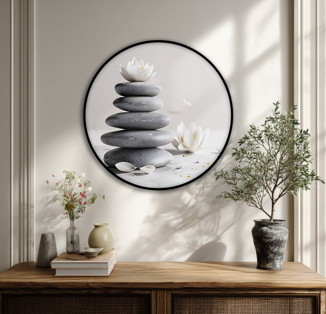 Zen Balance Stones with Lotus Round Canvas Print – Minimalist Spa Wall Art