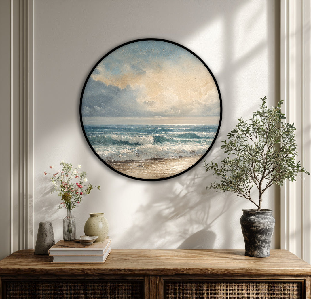 Impression sur toile ronde « Vagues côtières et rivage sablonneux » –Paysage marin classique