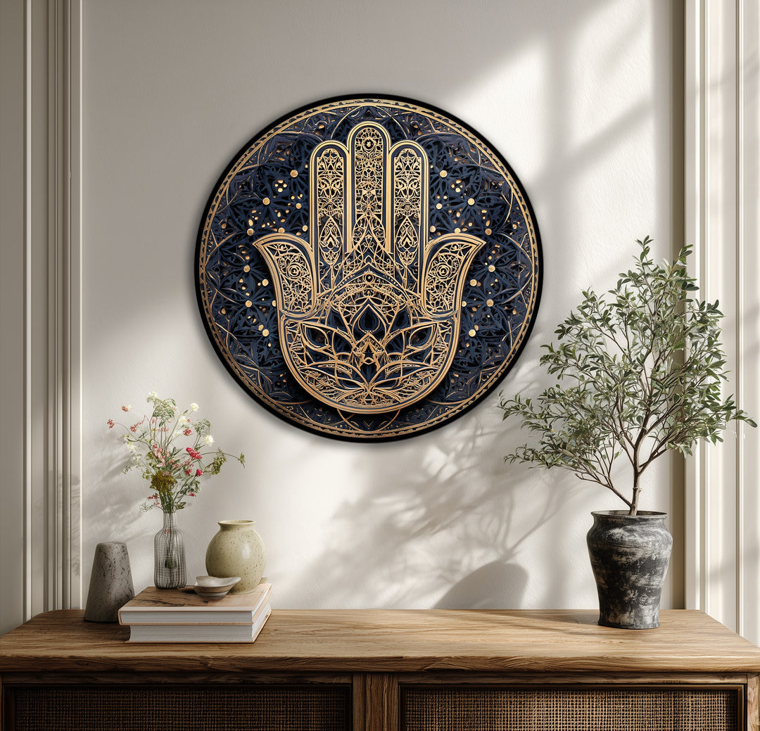 Ornate Hamsa Hand with Golden Mandala Details Round Canvas Print – Spiritual Wall Art