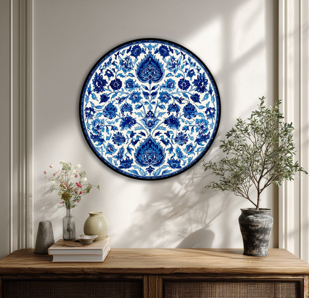 Blue Floral Mandala Round Canvas Print – Classic Decorative Wall Art