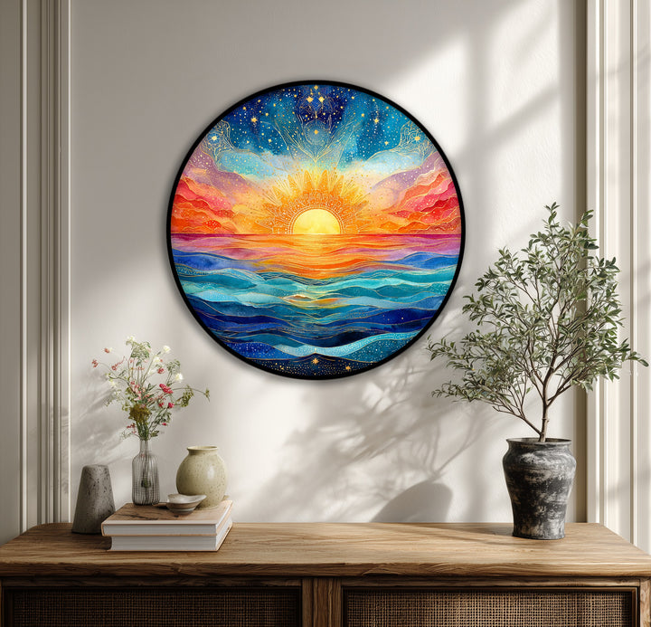 High color contrast defines this round canvas pictures wall art, featuring a spiritual seascape with a vibrant sunrise over the ocean.