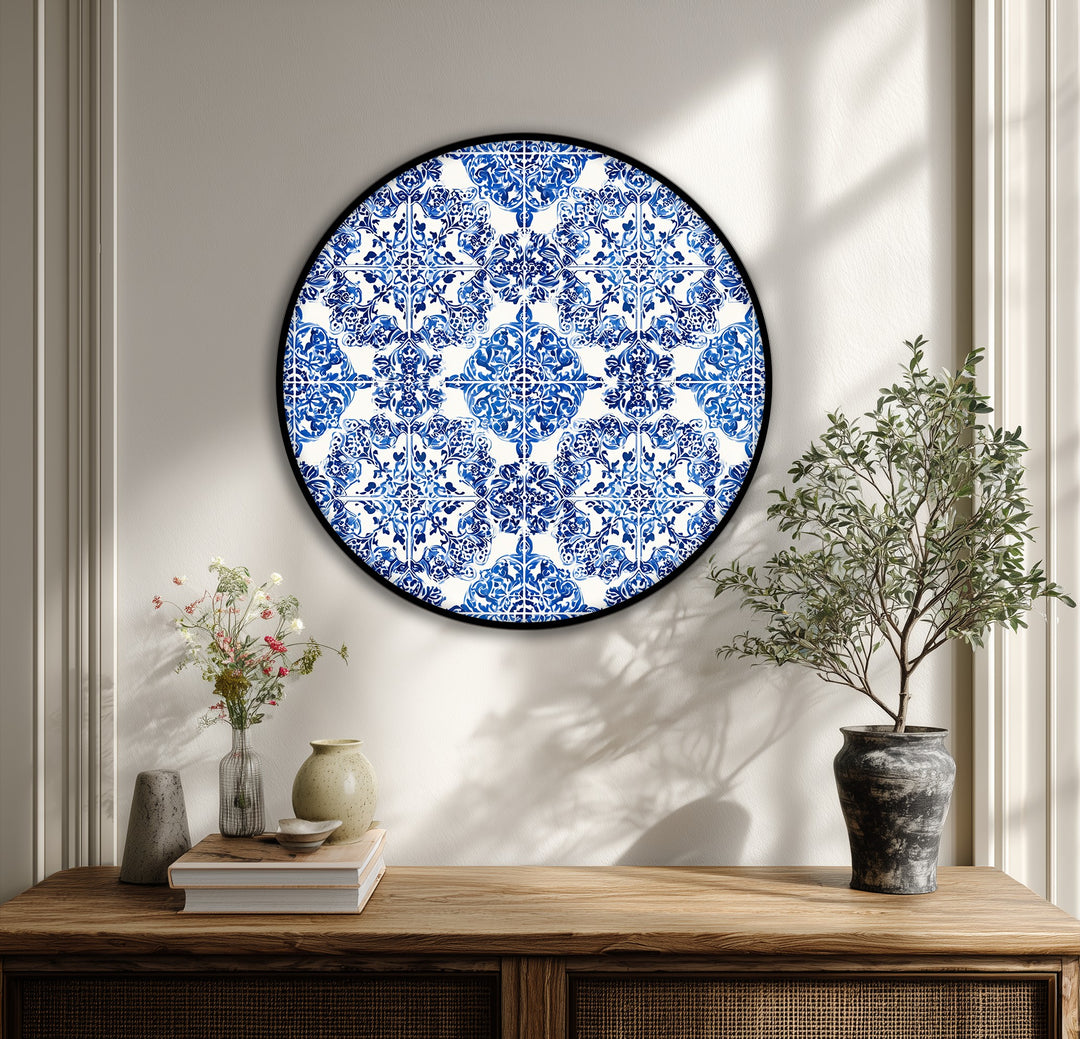 Impression sur toile ronde à motif de carreaux ornementaux bleus–Décoration murale style céramique classique