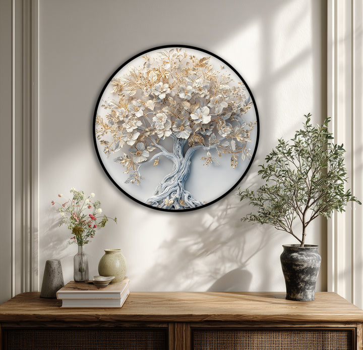 Subtle textures and a monochrome palette create an abstract canvas painting of a golden blossom tree, suggesting a minimalist interpretation of nature's beauty.