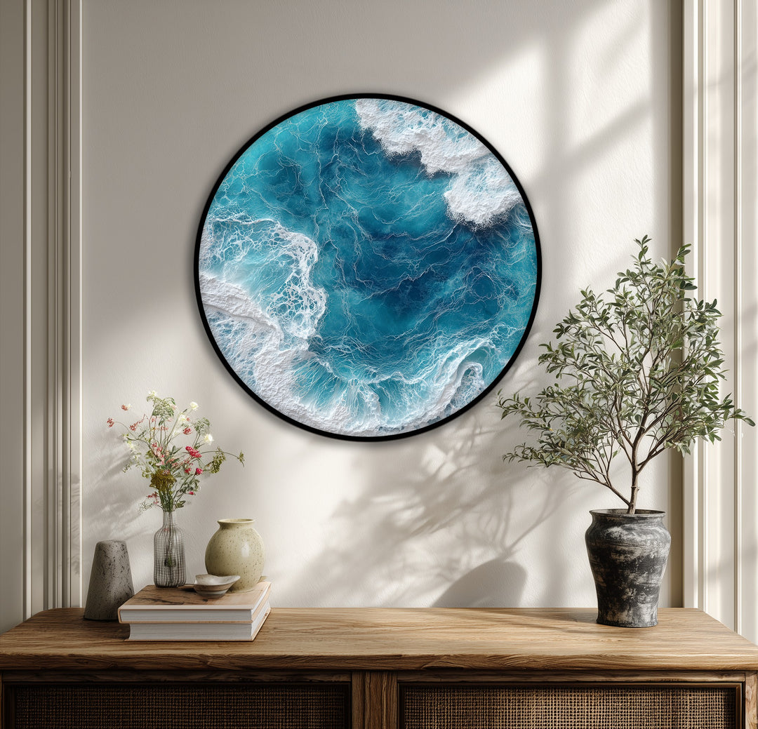 Ocean Wave Aerial Round Canvas Print – Turquoise Sea Wall Art