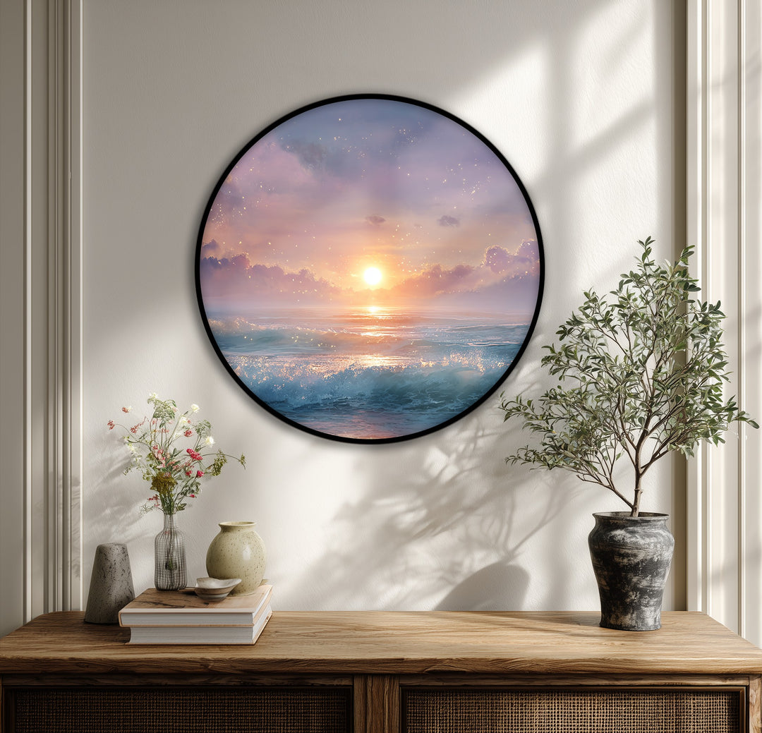 Toile ronde « Coucher de soleil onirique et scintillant sur l'océan » –Décoration murale représentant un paysage marin magique