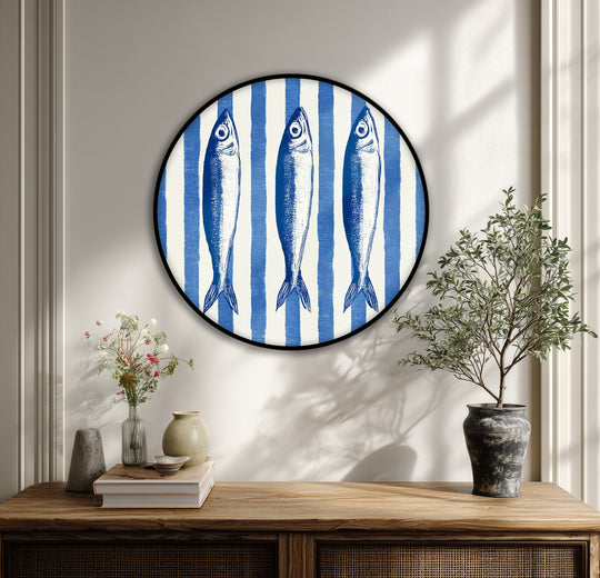 The flowing lines of the blue striped background and stylized fish in this unique canvas print create a sense of movement, enhancing the nautical aesthetic.