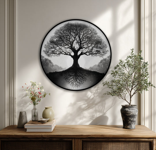 The darkest area highlights the striking contrast in this monochrome tree reflection round canvas artwork, a nature print offering distinctive canvas artwork.