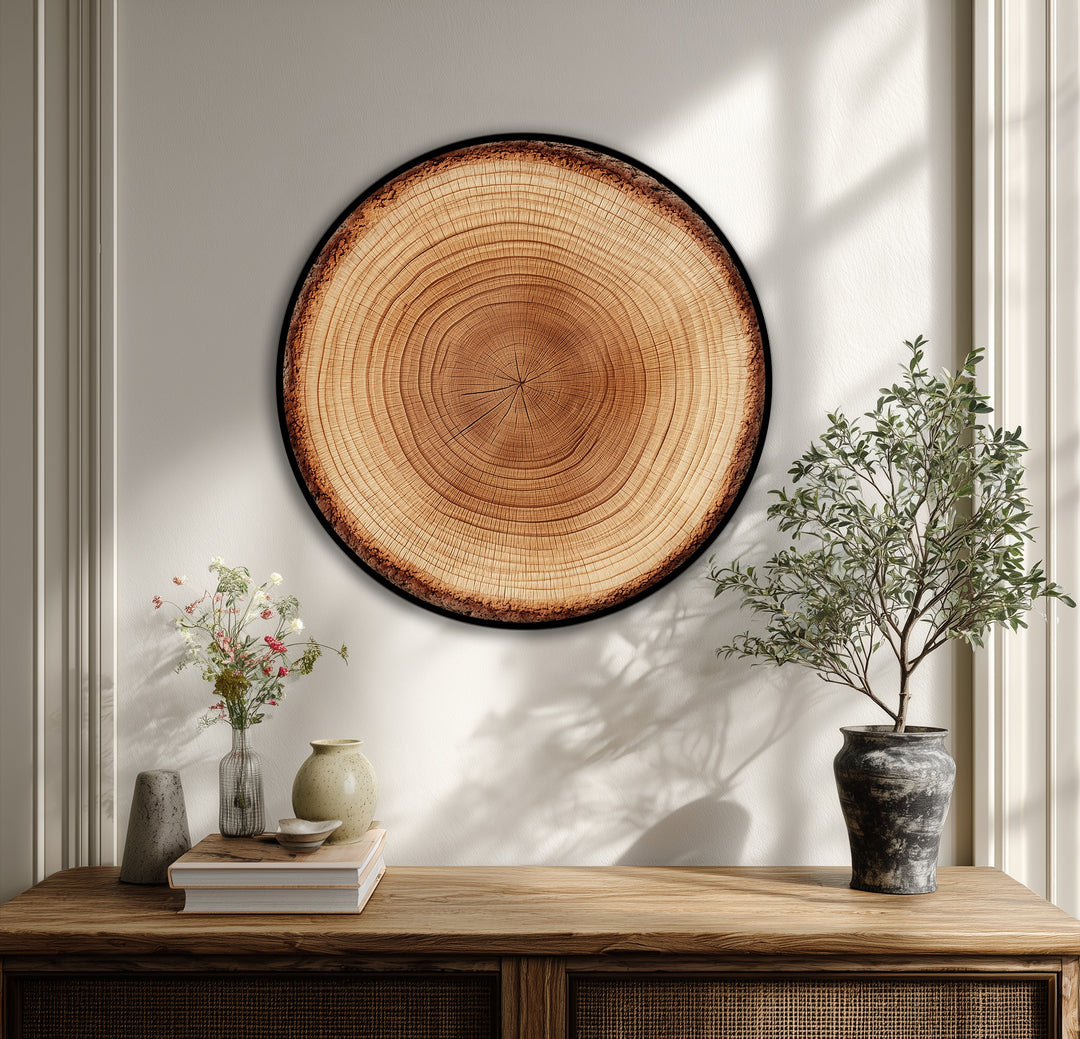 Featuring restrained color saturation, this round tree ring slice canvas print evokes high quality canvas prints with its natural wood texture and bark edge detailing.