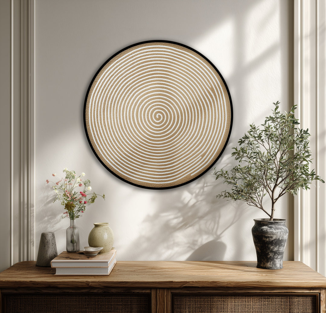 Subdued color saturation enhances this minimalist round canvas wall art, a golden spiral design showcasing modern canvas wall art with understated elegance.