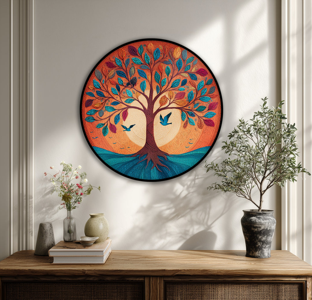 Vibrant Tree of Life Round Canvas Print – Colorful Nature Art